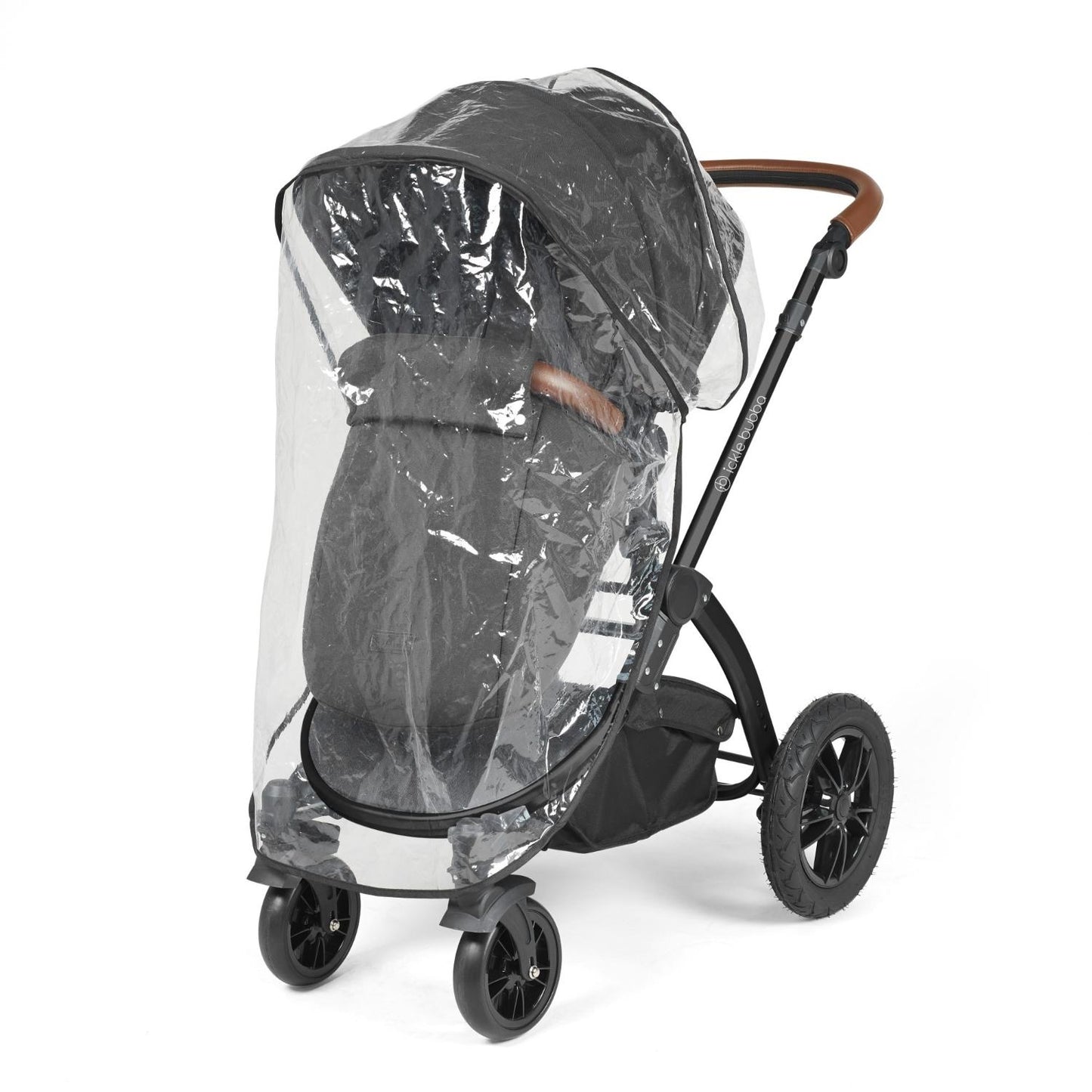 Rain cover placed on an Ickle Bubba Stomp Luxe Pushchair in Charcoal Grey colour with tan handle