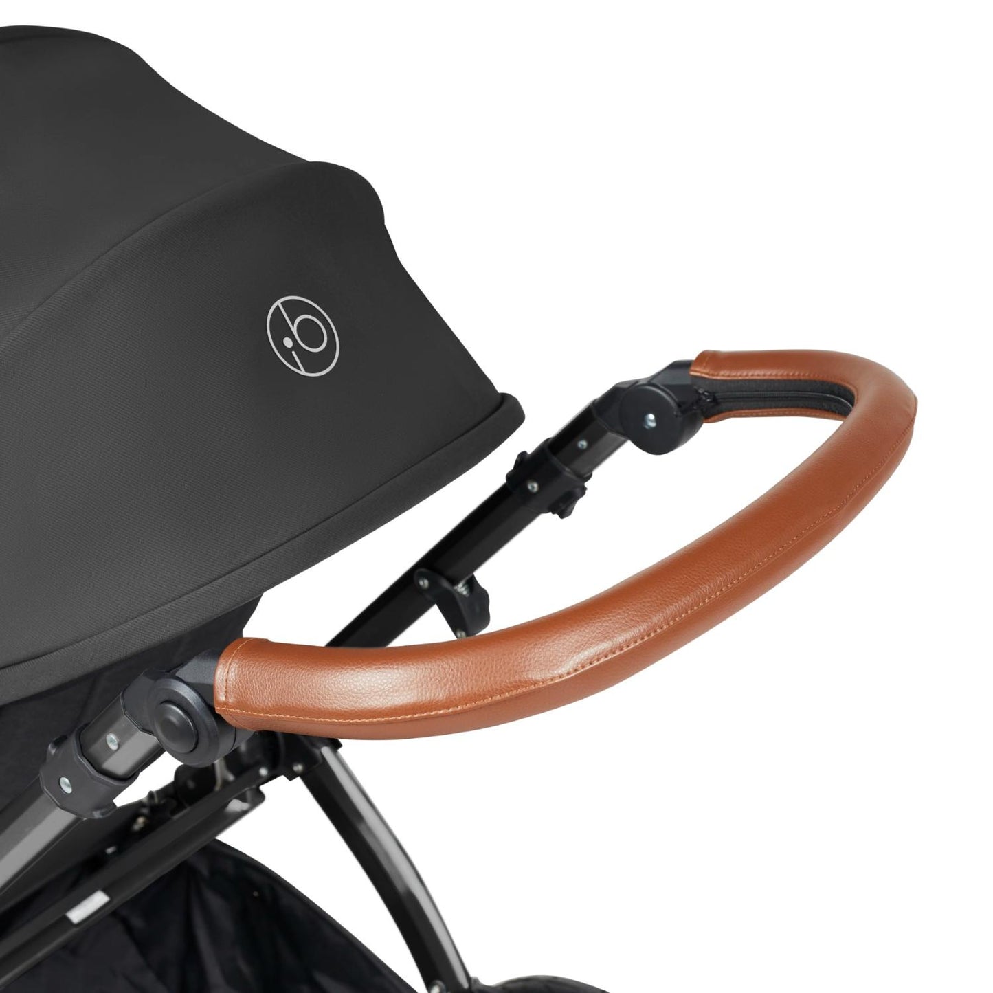 Handlebar detail of Ickle Bubba Stomp Luxe Pushchair in Charcoal Grey colour with tan handle