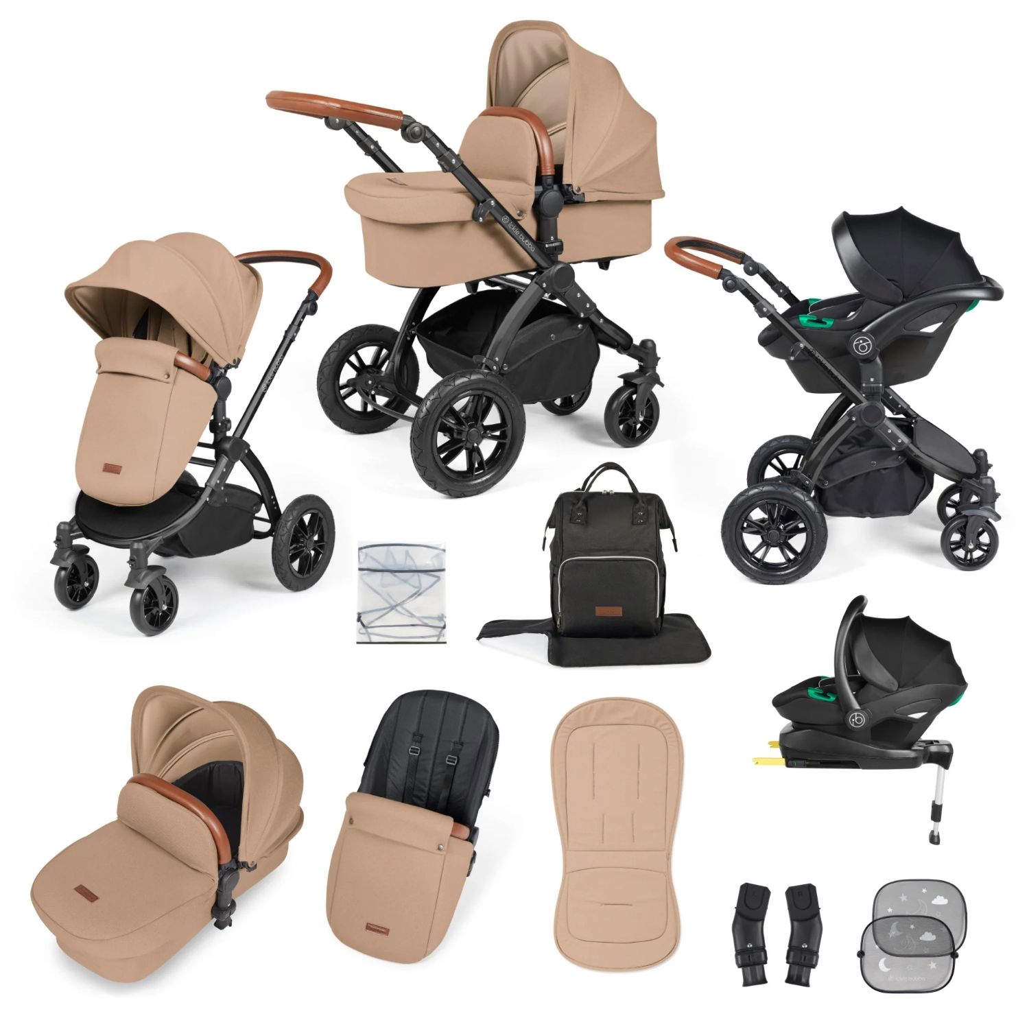 Ickle Bubba Stomp Luxe All-in-One Travel System with Stratus i-Size Car Seat and ISOFIX Base and accessories in Desert beige colour with tan handle