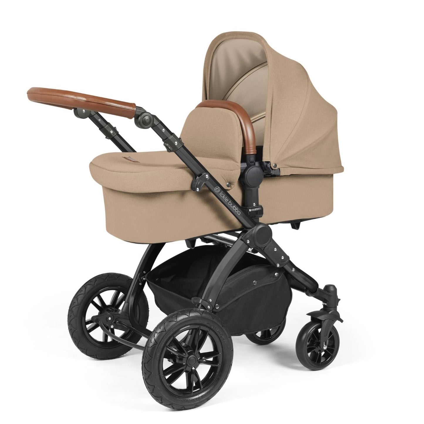 Ickle Bubba Stomp Luxe Pushchair with carrycot attached in Desert beige colour with tan handle