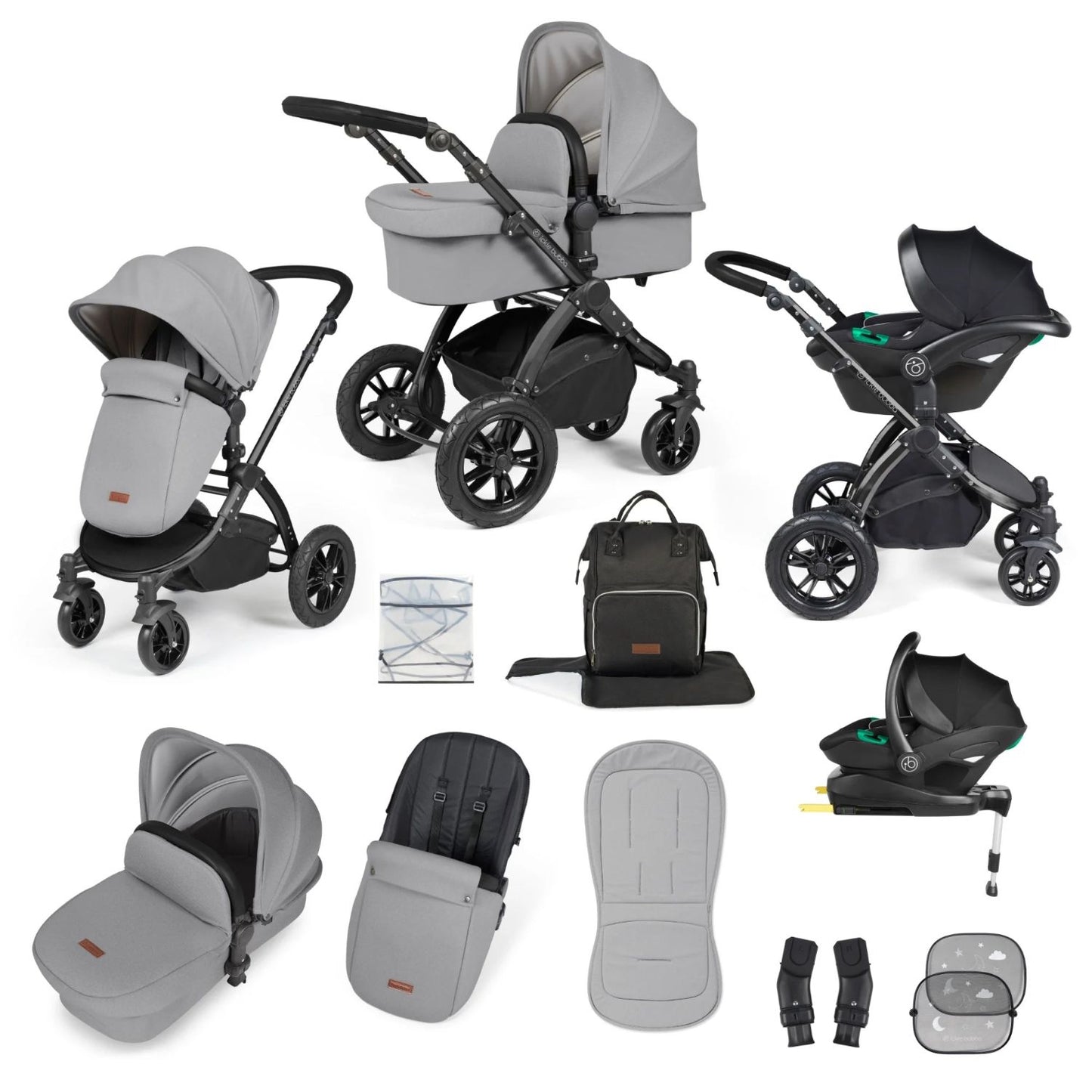 Ickle Bubba Stomp Luxe All-in-One Travel System with Stratus i-Size Car Seat and ISOFIX Base and accessories in Pearl Grey colour