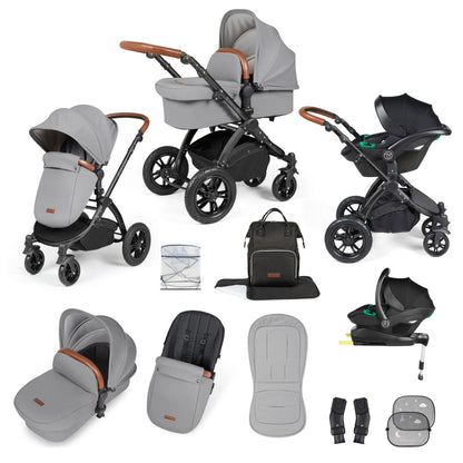 Ickle Bubba Stomp Luxe All-in-One Travel System with Stratus i-Size Car Seat and ISOFIX Base and accessories in Pearl Grey colour with tan handle