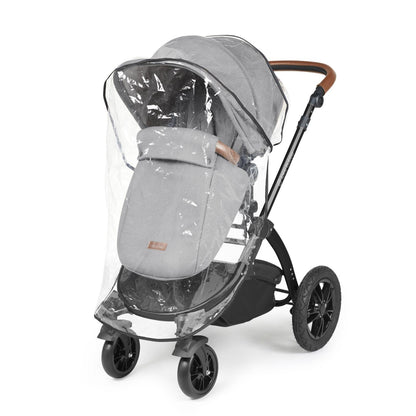 Rain cover placed on an Ickle Bubba Stomp Luxe Pushchair in Pearl Grey colour with tan handle