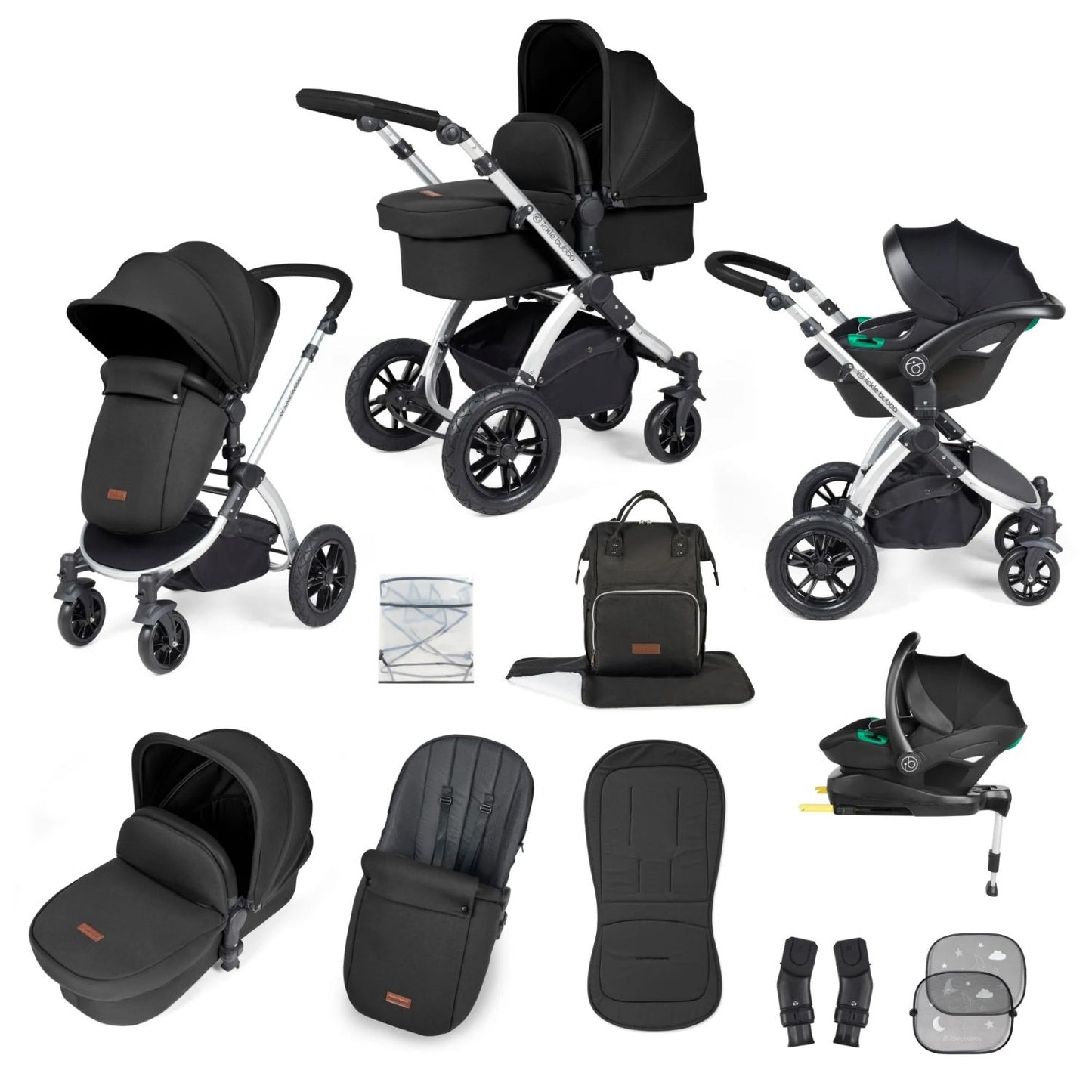 Ickle Bubba Stomp Luxe All-in-One Travel System with Stratus i-Size Car Seat and ISOFIX Base and accessories in Midnight black colour with silver chassis
