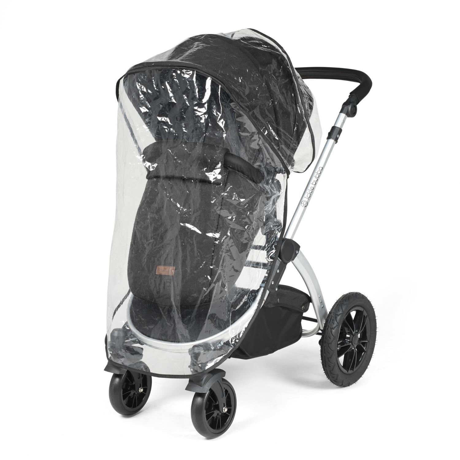 Rain cover placed on an Ickle Bubba Stomp Luxe Pushchair in Midnight black colour with silver chassis
