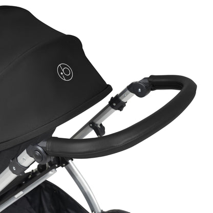 Handlebar detail of Ickle Bubba Stomp Luxe Pushchair in Midnight black colour with silver chassis
