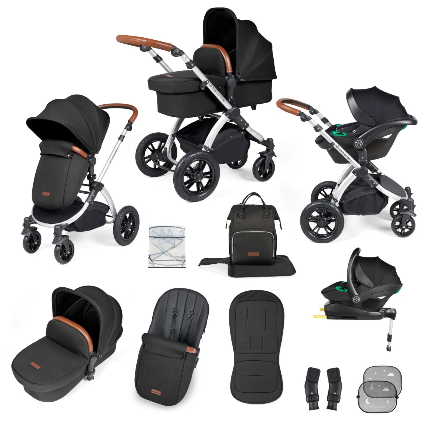 Ickle Bubba Stomp Luxe All-in-One Travel System with Stratus i-Size Car Seat and ISOFIX Base and accessories in Midnight black colour with silver chassis and tan handle