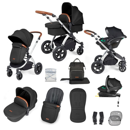 Ickle Bubba Stomp Luxe All-in-One Travel System with Stratus i-Size Car Seat and ISOFIX Base and accessories in Midnight black colour with silver chassis and tan handle