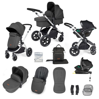 Ickle Bubba Stomp Luxe All-in-One Travel System with Stratus i-Size Car Seat and ISOFIX Base and accessories in Charcoal Grey colour with silver chassis