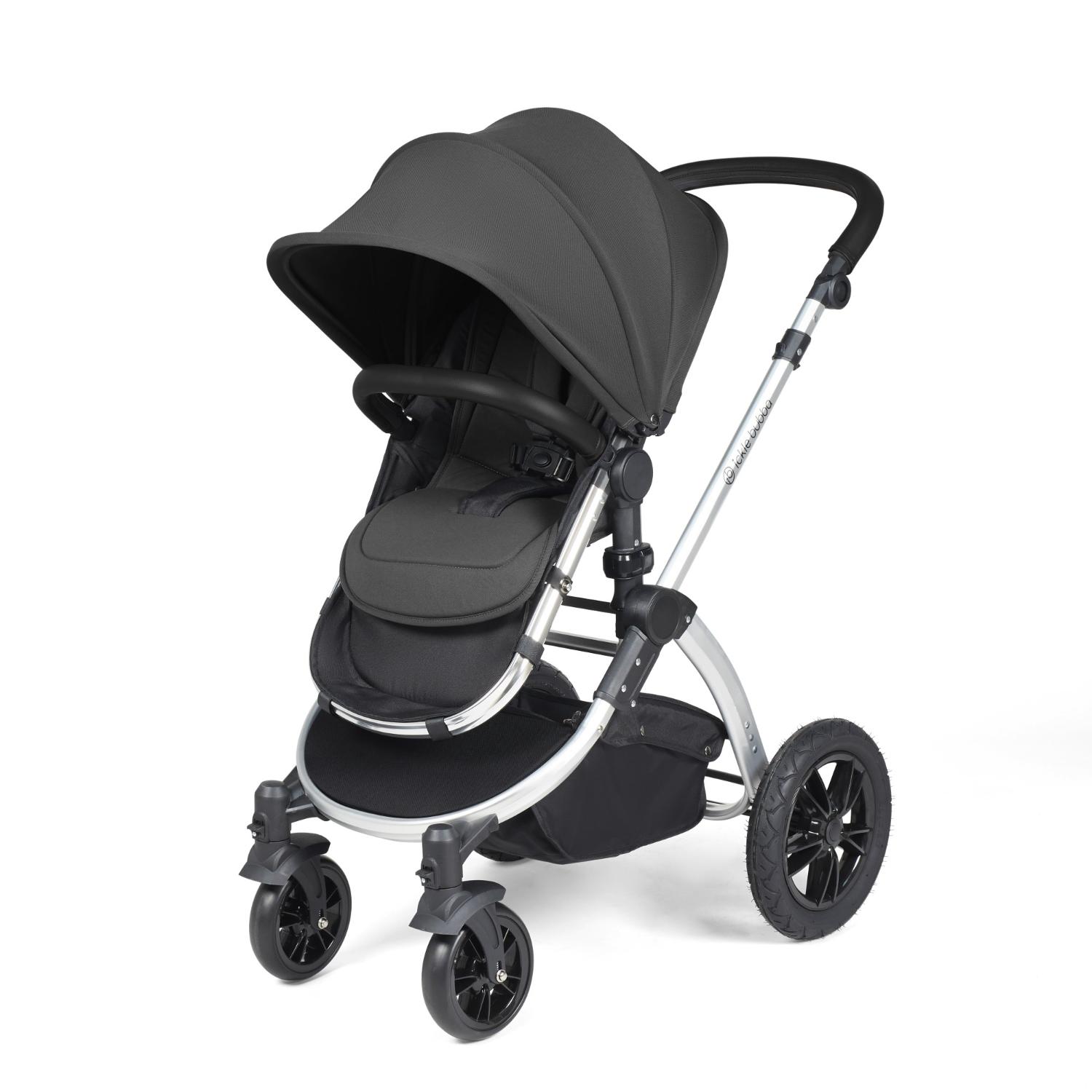 Ickle Bubba Stomp Luxe Pushchair with seat unit attached in Charcoal Grey colour with silver chassis
