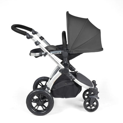 Recline position of Ickle Bubba Stomp Luxe Pushchair in Charcoal Grey colour with silver chassis