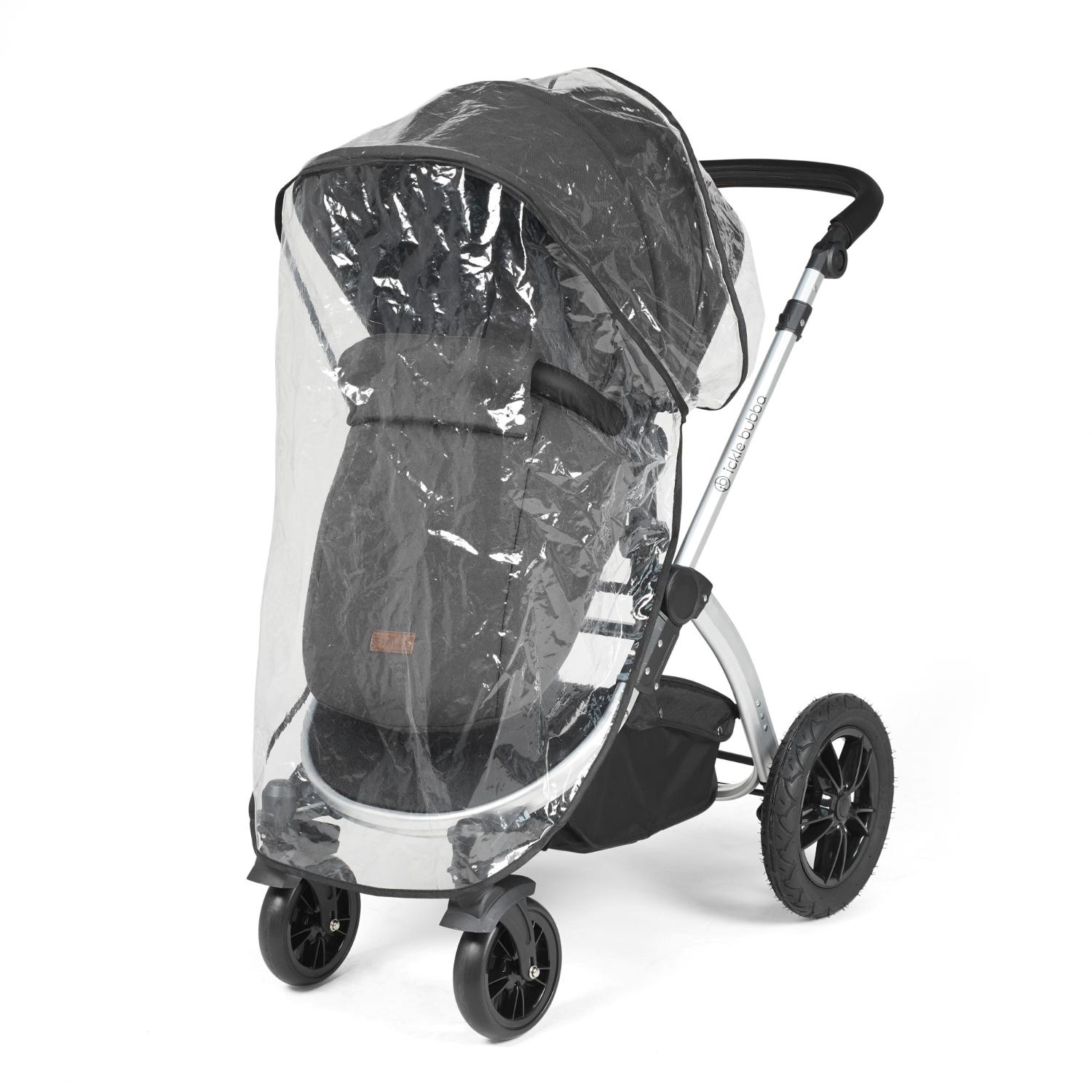Rain cover placed on an Ickle Bubba Stomp Luxe Pushchair in Charcoal Grey colour with silver chassis
