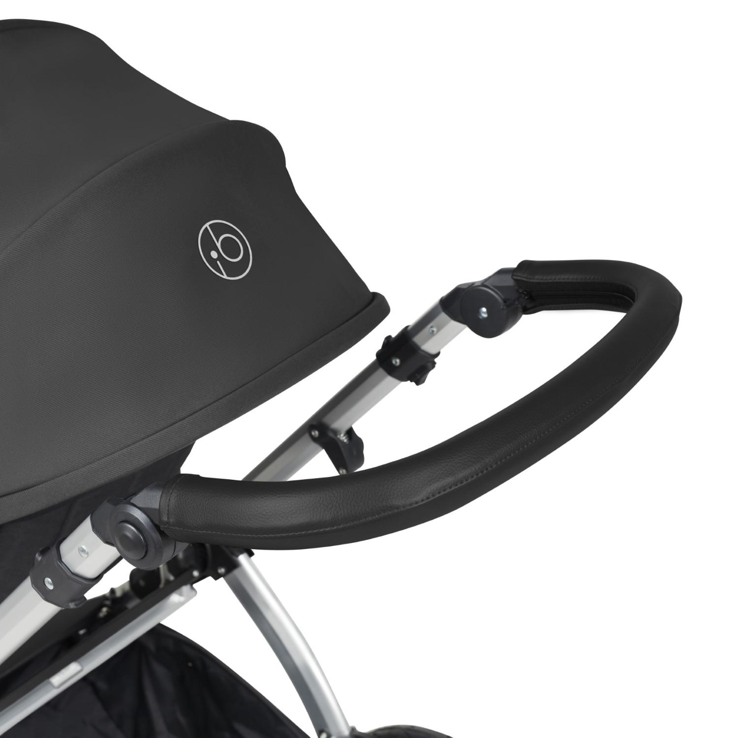 Handlebar detail of Ickle Bubba Stomp Luxe Pushchair in Charcoal Grey colour with silver chassis