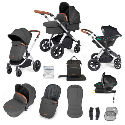 Ickle Bubba Stomp Luxe All-in-One Travel System with Stratus i-Size Car Seat and ISOFIX Base and accessories in Charcoal Grey colour with silver chassis and tan handle
