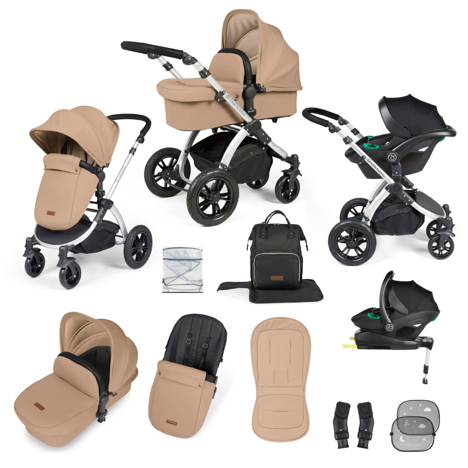 Ickle Bubba Stomp Luxe All-in-One Travel System with Stratus i-Size Car Seat and ISOFIX Base and accessories in Desert beige colour with silver chassis