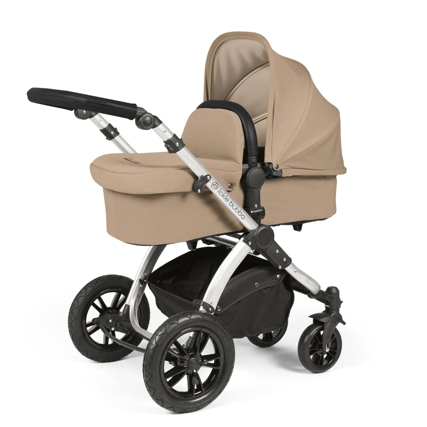 Ickle Bubba Stomp Luxe Pushchair with carrycot attached in Desert beige colour with silver chassis