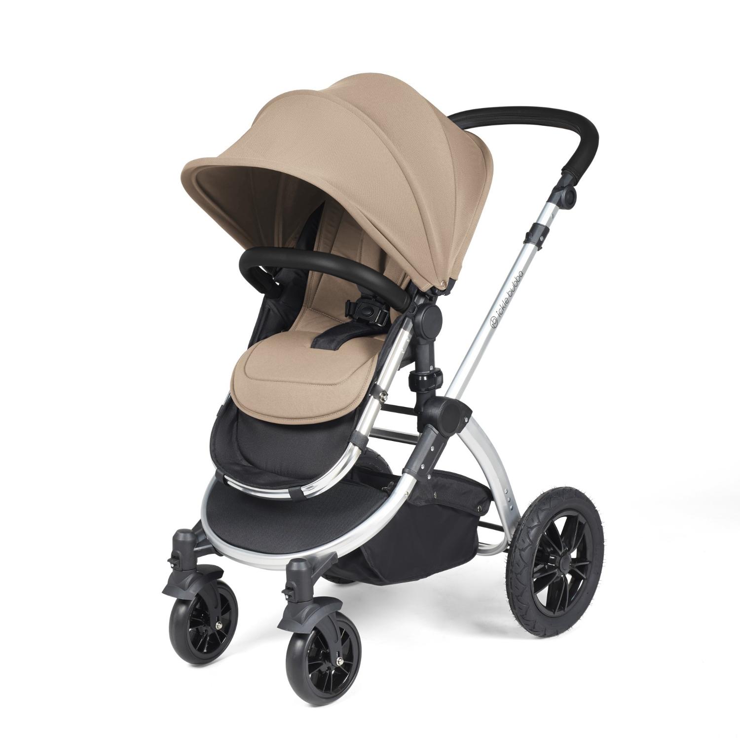 Ickle Bubba Stomp Luxe Pushchair with seat unit attached in Desert beige colour with silver chassis