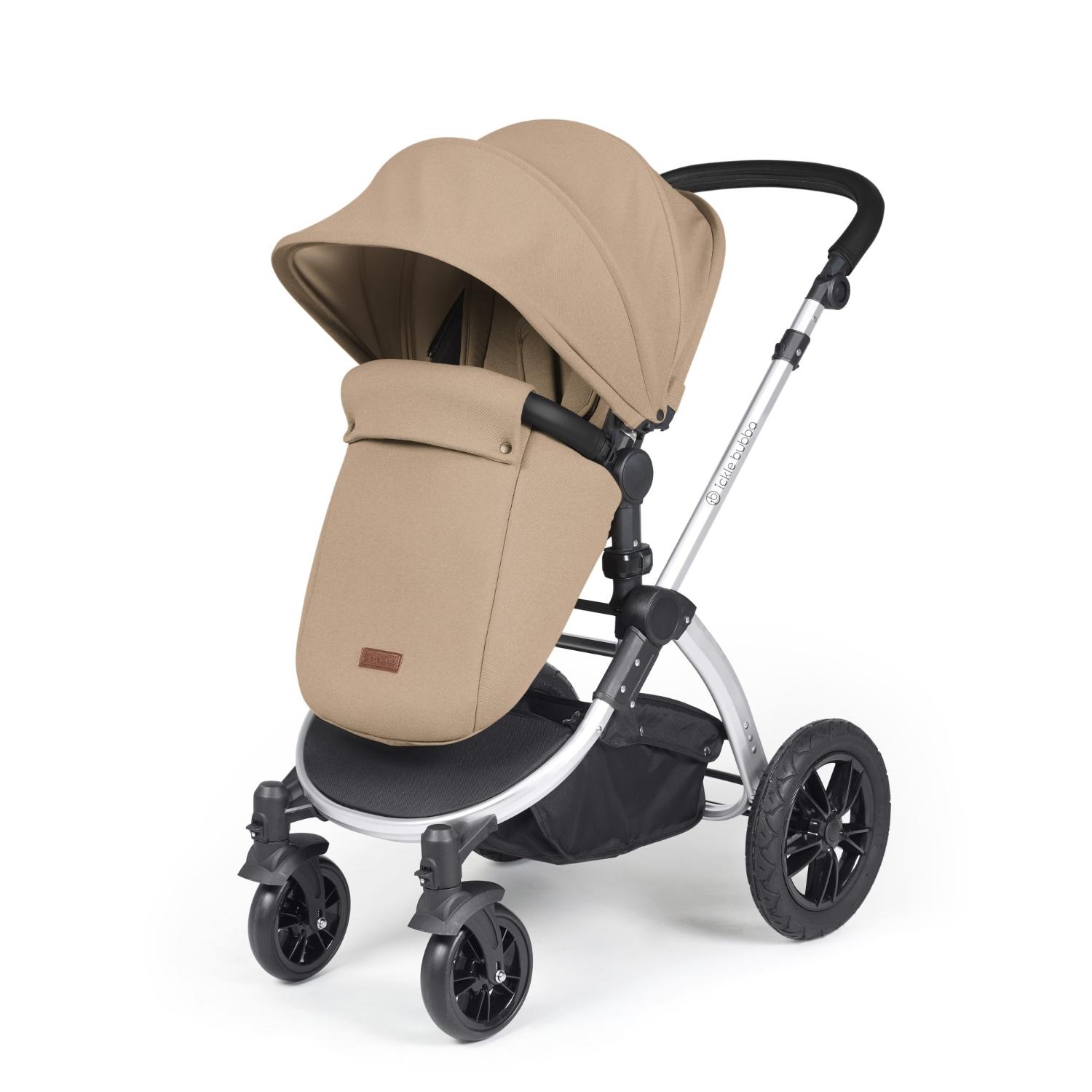 Ickle Bubba Stomp Luxe Pushchair with foot warmer attached in Desert beige colour with silver chassis