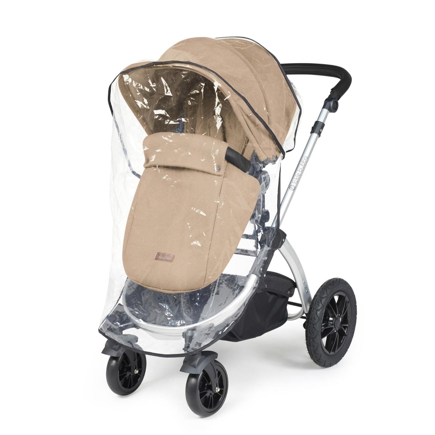 Rain cover placed on an Ickle Bubba Stomp Luxe Pushchair in Desert beige colour with silver chassis