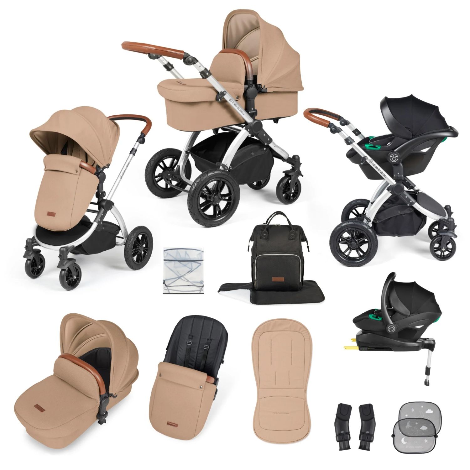Ickle Bubba Stomp Luxe All-in-One Travel System with Stratus i-Size Car Seat and ISOFIX Base and accessories in Desert beige colour with silver chassis and tan handle