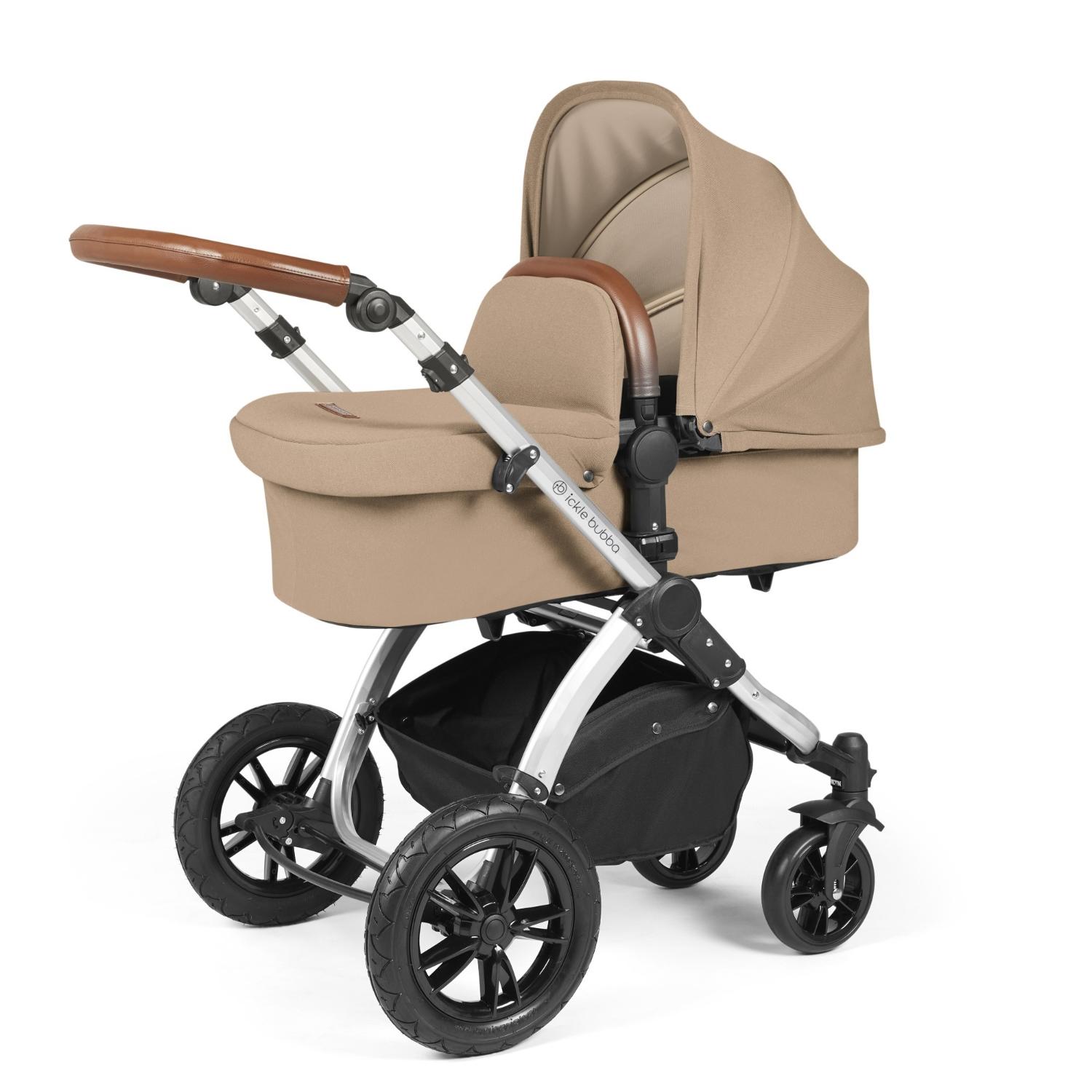 Ickle Bubba Stomp Luxe Pushchair with carrycot attached in Desert beige colour with silver chassis and tan handle