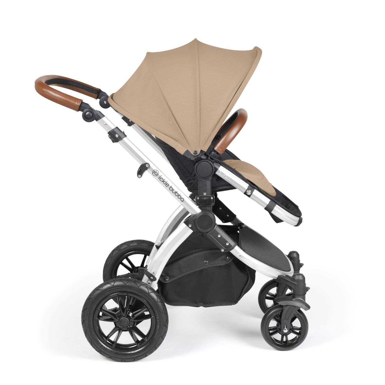 Side view of Ickle Bubba Stomp Luxe Pushchair with seat unit attached in Desert beige colour with silver chassis and tan handle