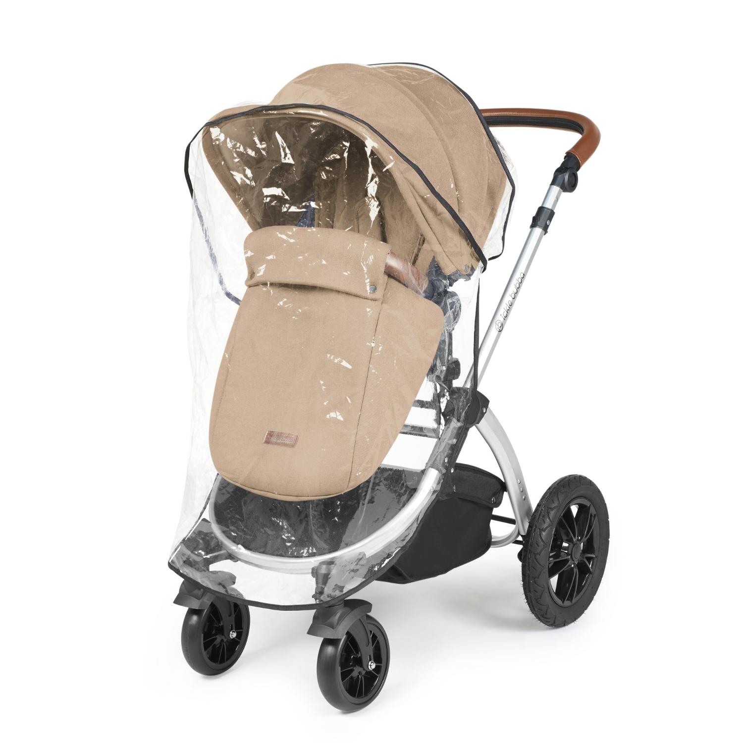 Rain cover placed on an Ickle Bubba Stomp Luxe Pushchair in Desert beige colour with silver chassis and tan handle