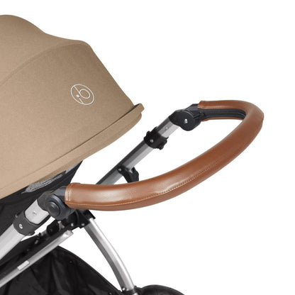Handlebar detail of Ickle Bubba Stomp Luxe Pushchair in Desert beige colour with silver chassis and tan handle