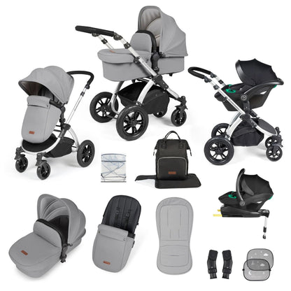 Ickle Bubba Stomp Luxe All-in-One Travel System with Stratus i-Size Car Seat and ISOFIX Base and accessories in Pearl Grey colour with silver chassis