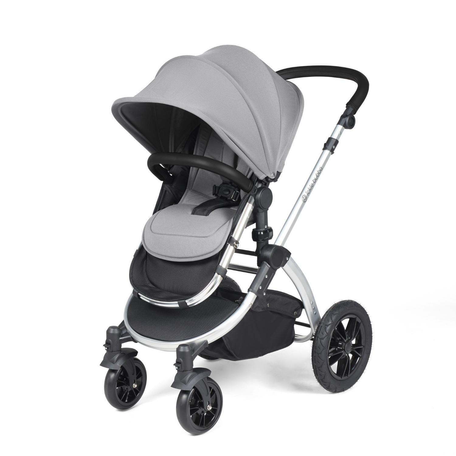 Ickle Bubba Stomp Luxe Pushchair with seat unit attached in Pearl Grey colour with silver chassis