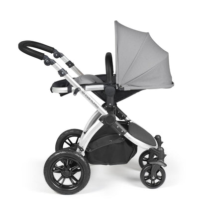 Recline position of Ickle Bubba Stomp Luxe Pushchair in Pearl Grey colour with silver chassis