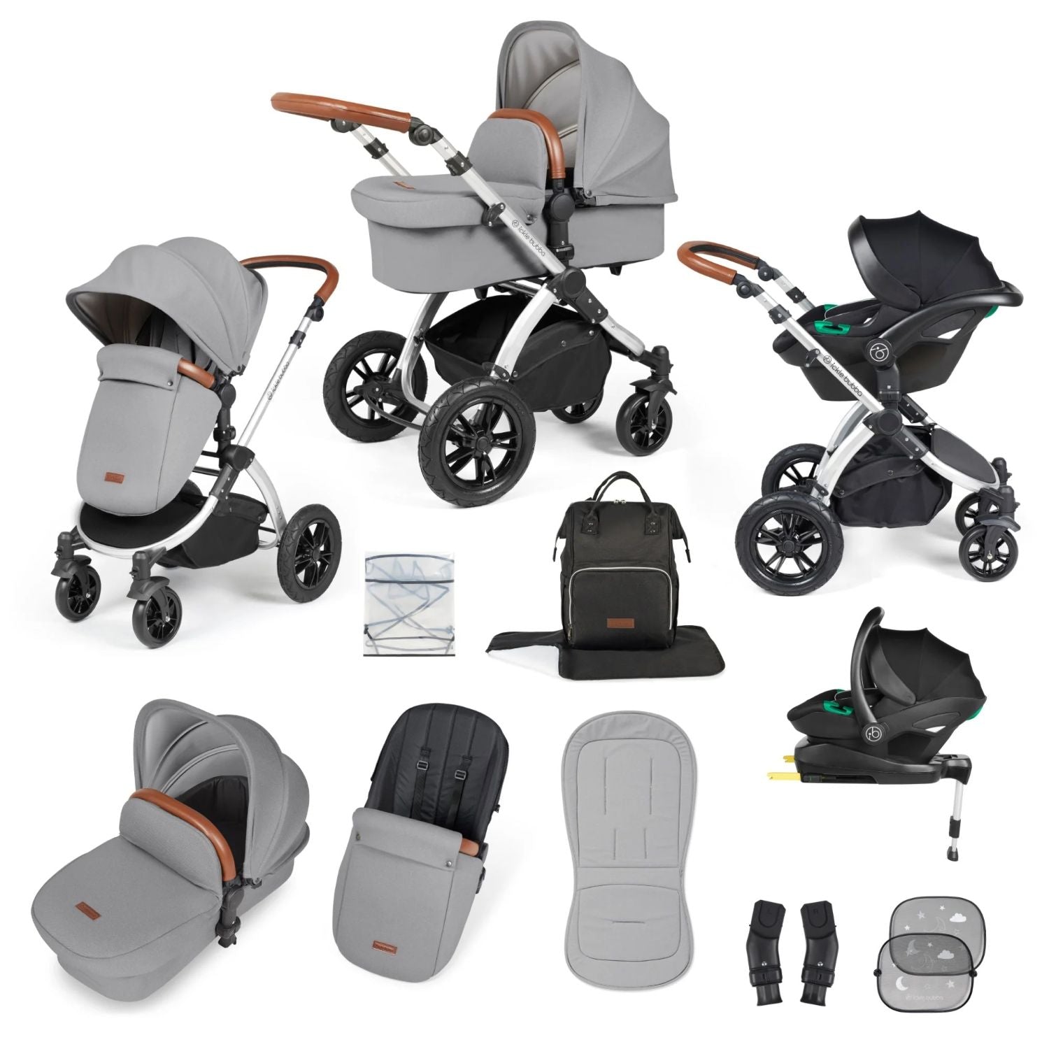 Ickle Bubba Stomp Luxe All-in-One Travel System with Stratus i-Size Car Seat and ISOFIX Base and accessories in Pearl Grey colour with silver chassis and tan handle