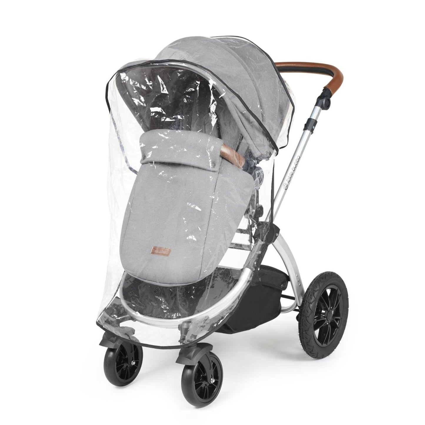 Rain cover placed on an Ickle Bubba Stomp Luxe Pushchair in Pearl Grey colour with silver chassis and tan handle