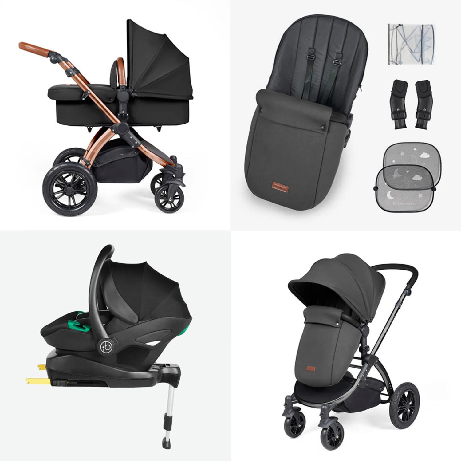 Components and other inclusions in the Ickle Bubba Stomp Luxe All-in-One Travel System bundle