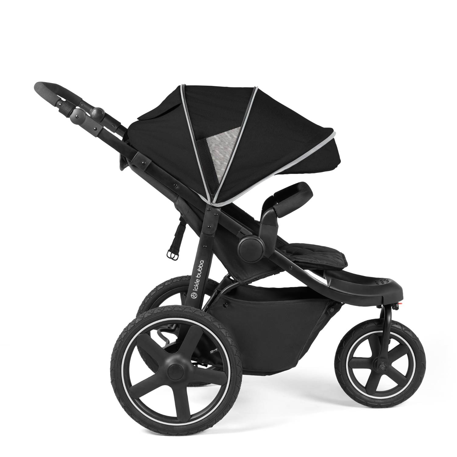 Side view of Ickle Bubba Venus Max Jogger Stroller in Black colour with expanded hood