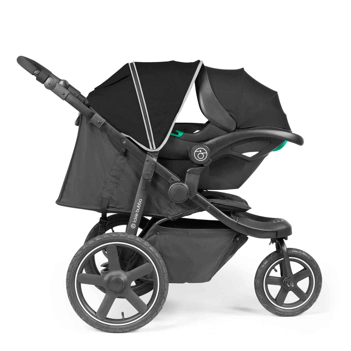 Ickle Bubba Venus Max Jogger Stroller in Black colour with Stratus i-Size car seat attached