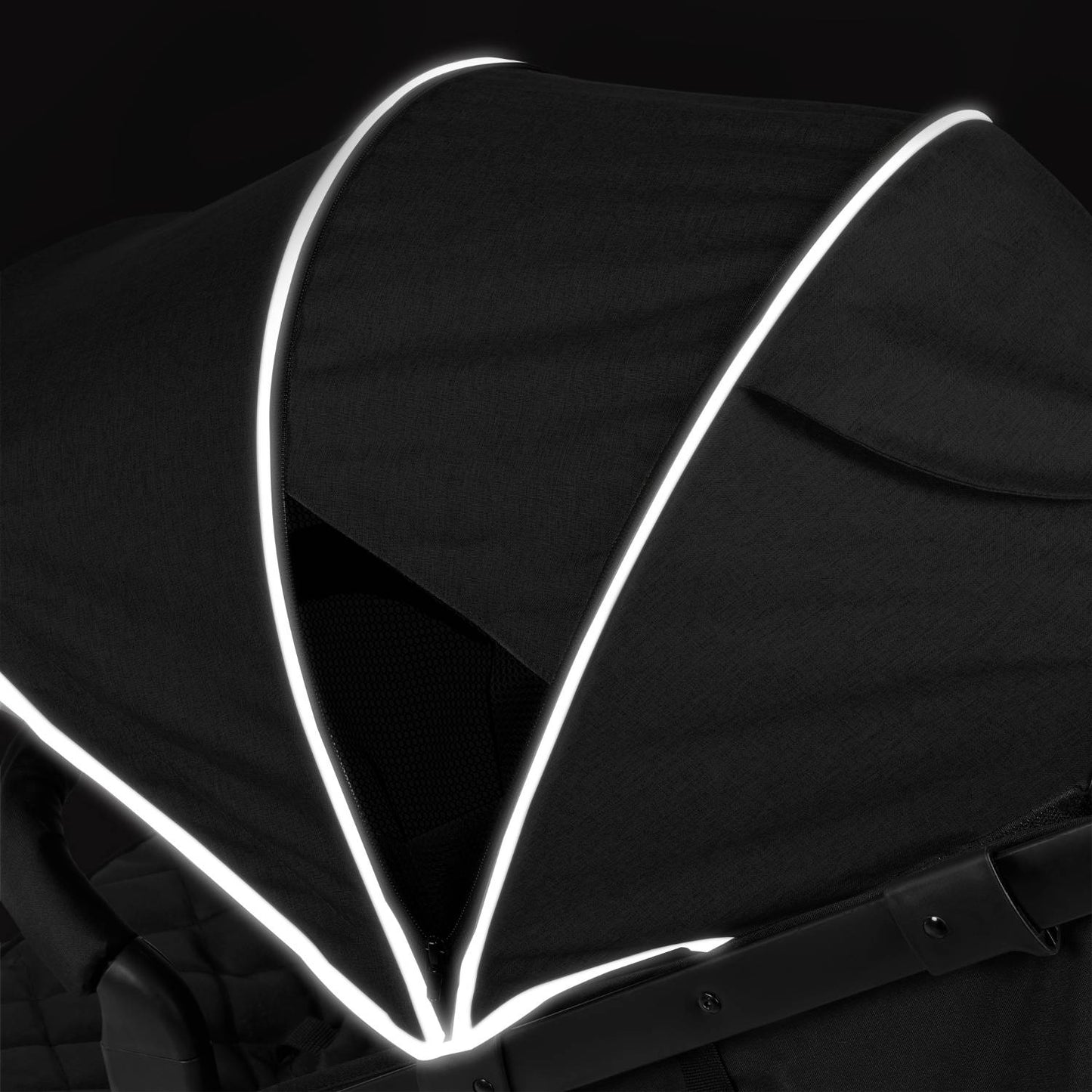 Safety reflective trims in hood of Ickle Bubba Venus Max Jogger Stroller in Black colour