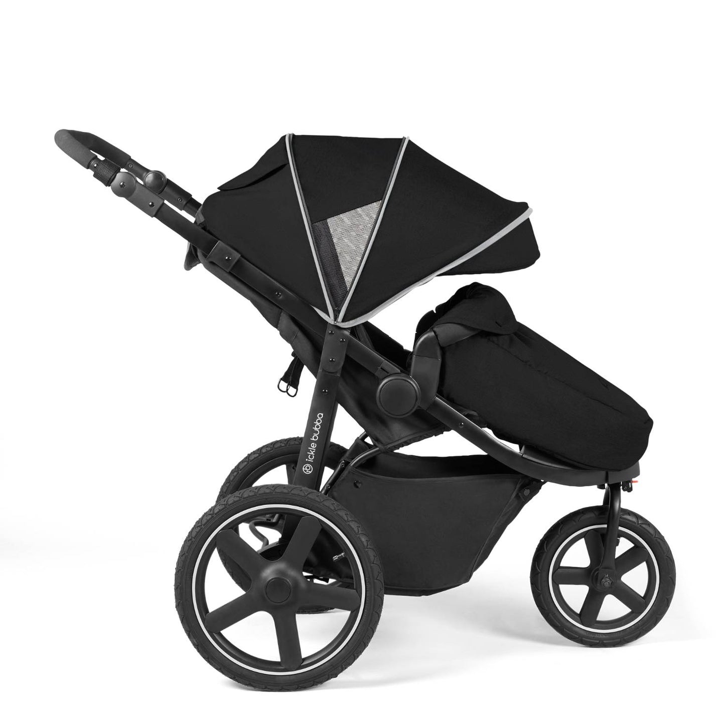 Side view of Ickle Bubba Venus Prime Jogger Stroller in Black colour with foot warmer