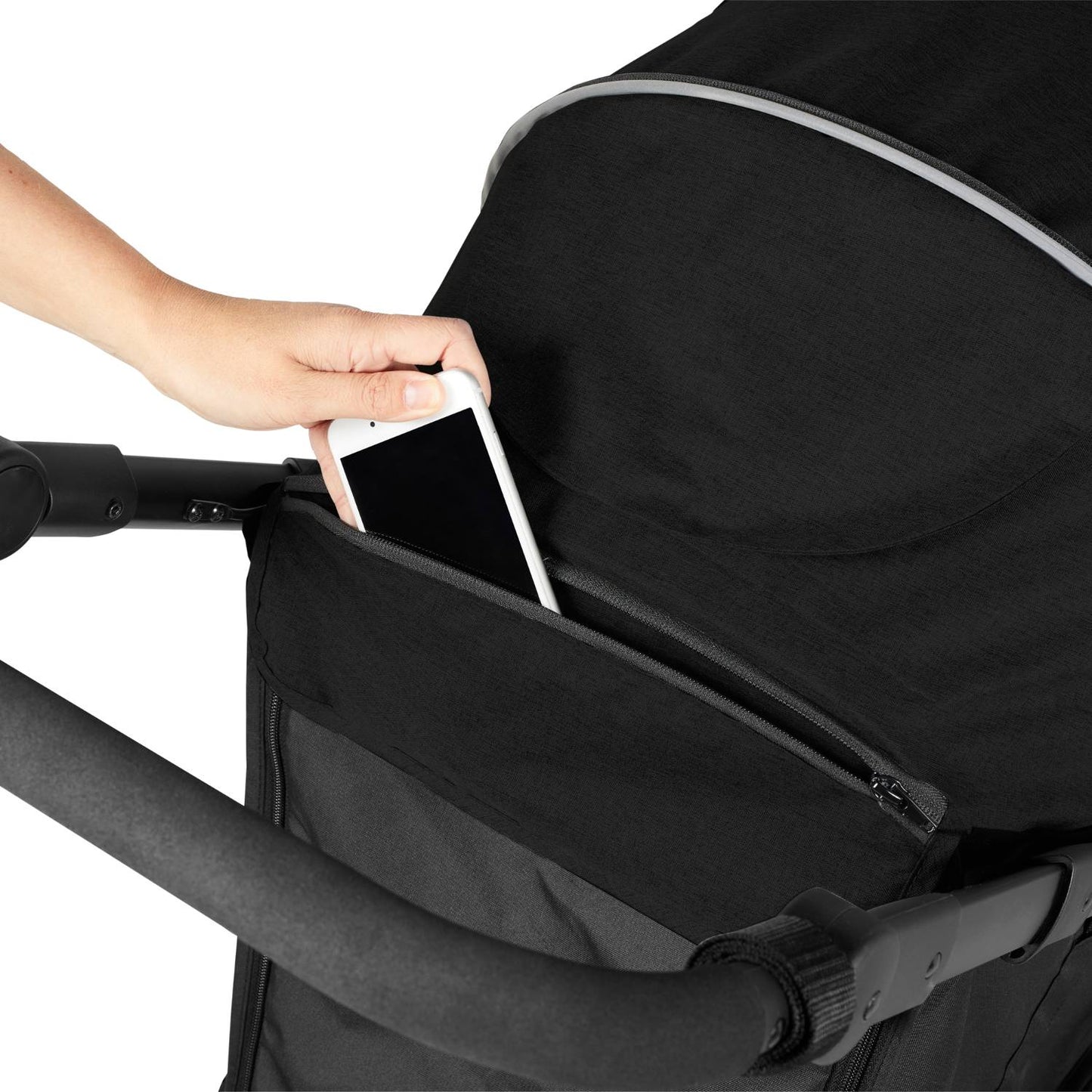 Safety zipped pocket in Ickle Bubba Venus Prime Jogger Stroller in Black colour