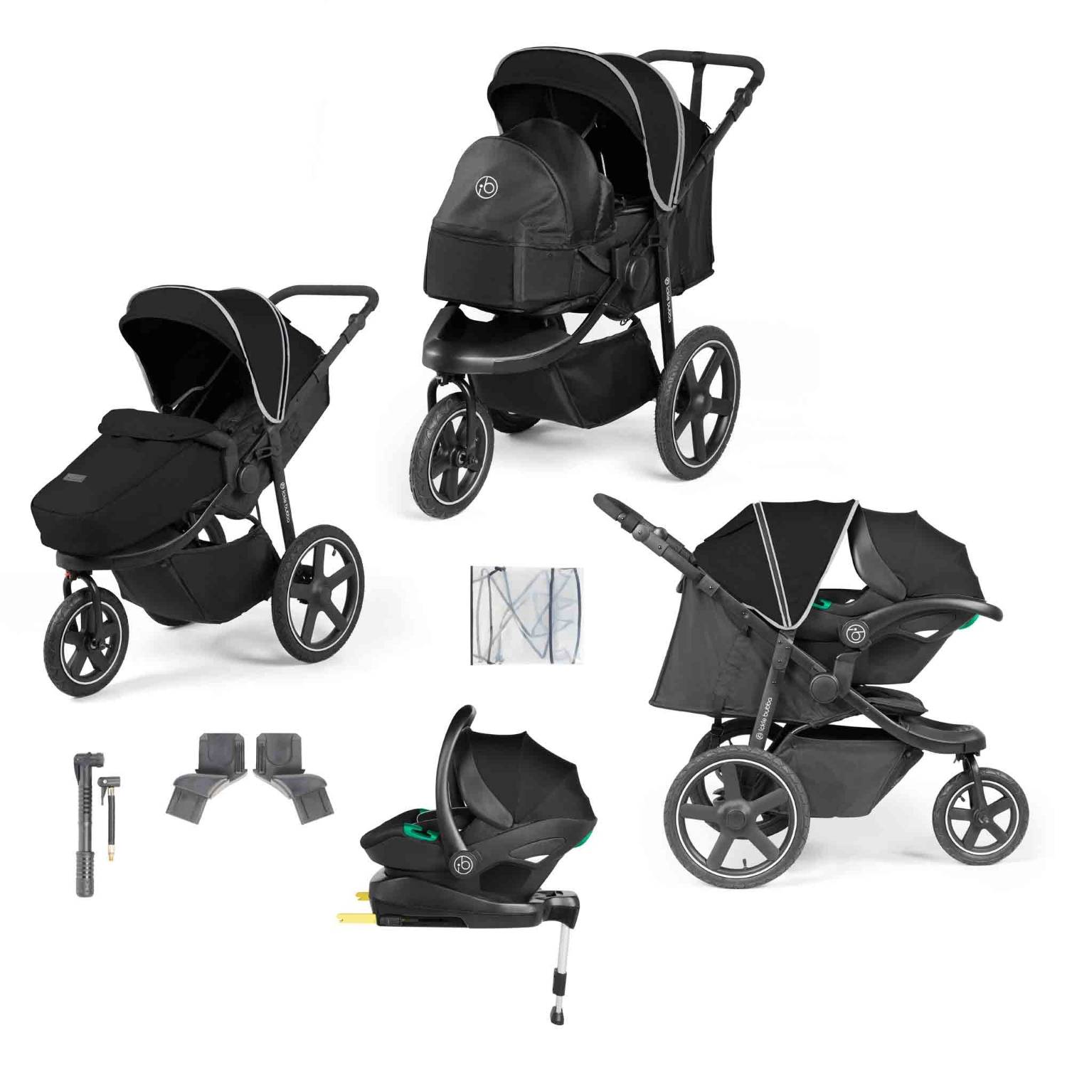 Ickle Bubba Venus Prime Jogger Travel System with Stratus i-Size car seat and ISOFIX base in Black colour