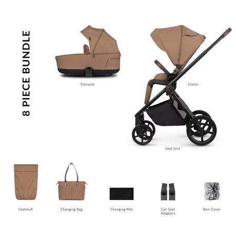 8-piece bundle of Venicci Claro 2-in-1 Pram in Caramel brown colour