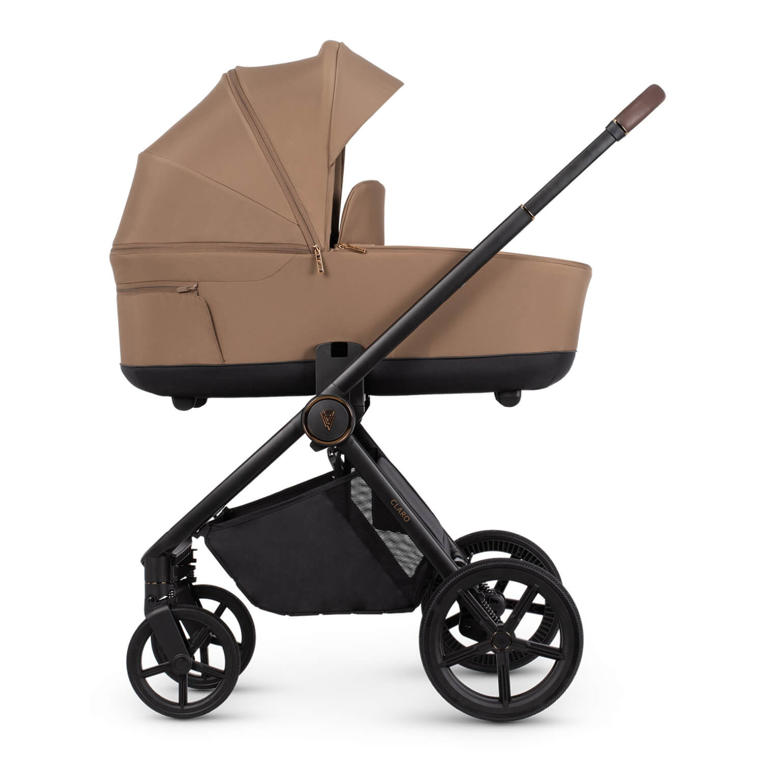 Venicci Claro carrycot in Caramel colour placed in the Claro frame