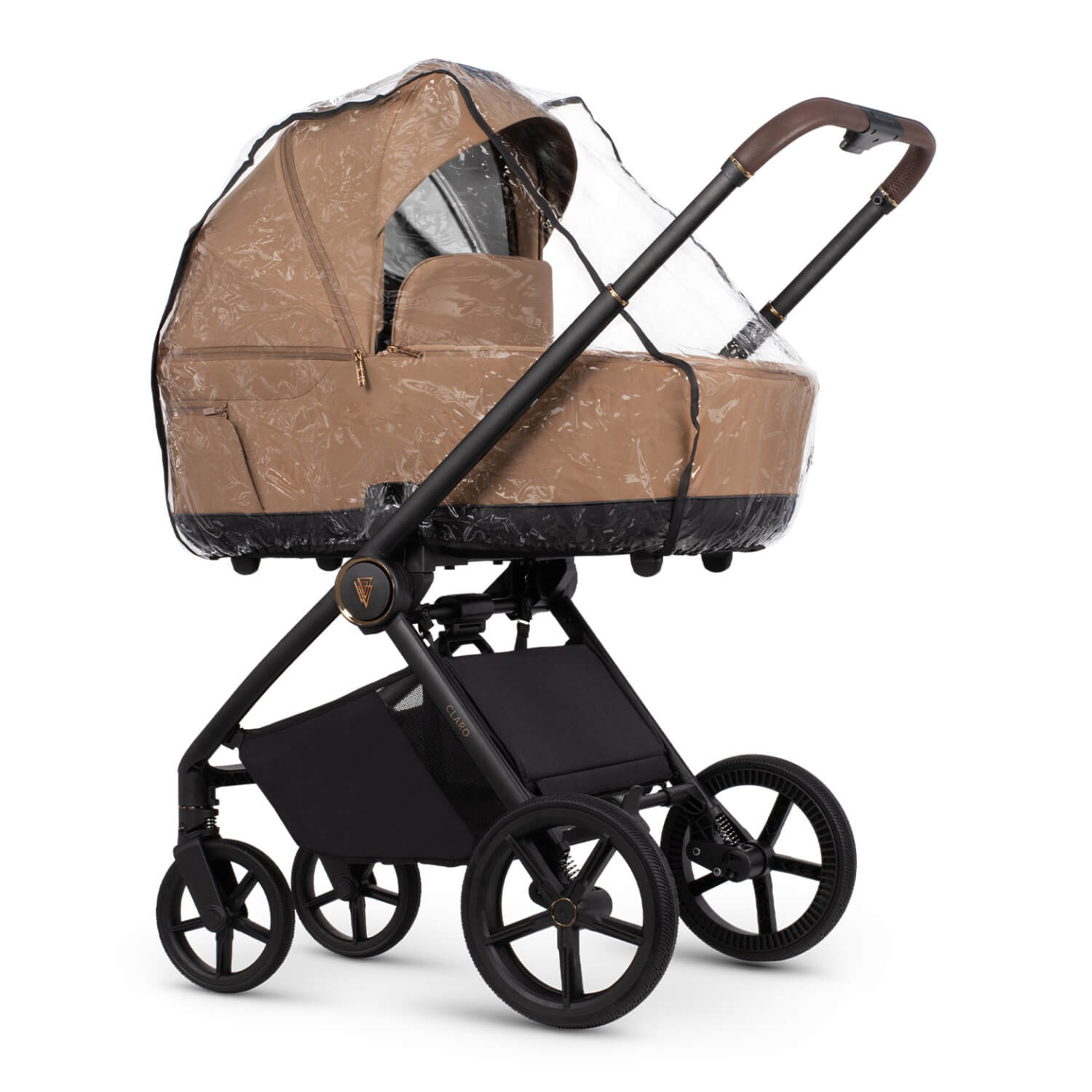 Venicci Claro Pram in Caramel colour with the included clear rain cover attached