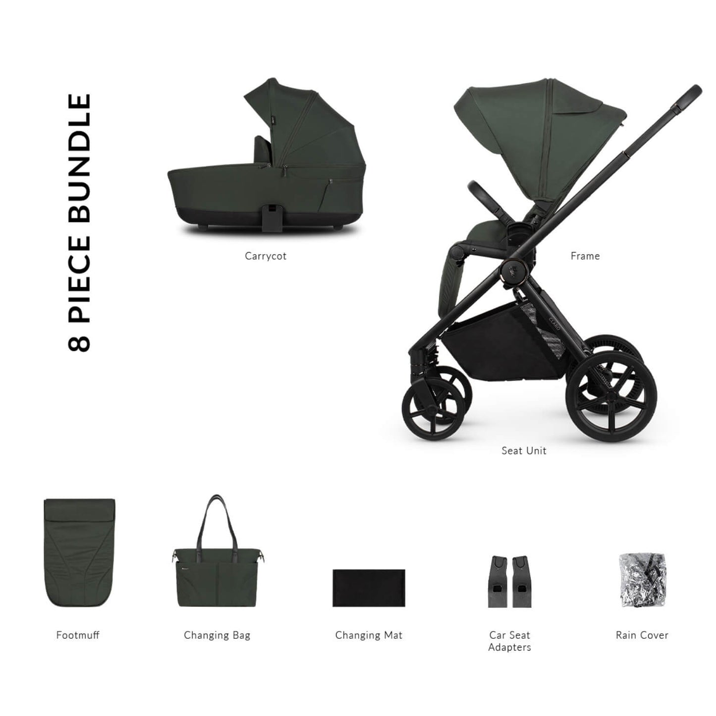 8-piece bundle of Venicci Claro 2-in-1 Pram in Forest green colour