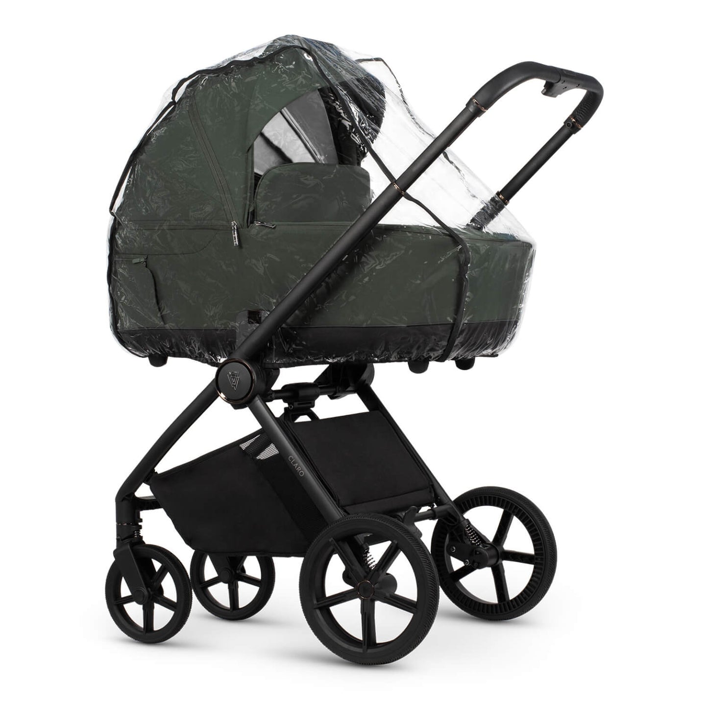 Venicci Claro Pram in Forest colour with the included clear rain cover attached