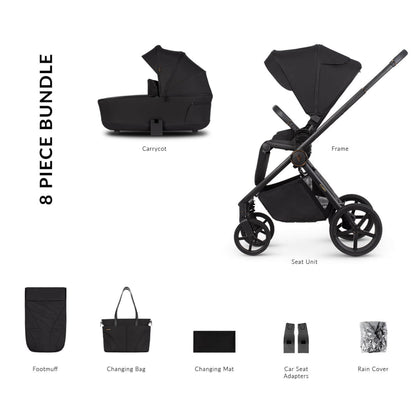 8-piece bundle of Venicci Claro 2-in-1 Pram in Noir black colour