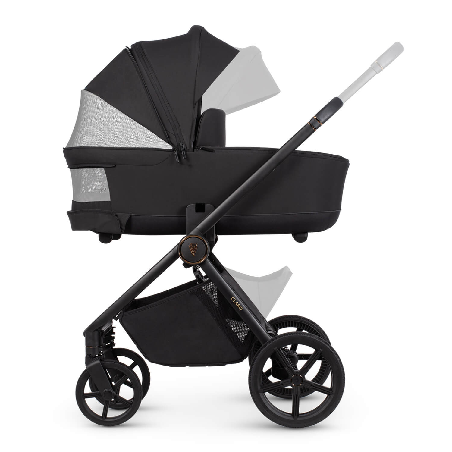 Venicci Claro carrycot in Noir black with the panoramic ventilation opened