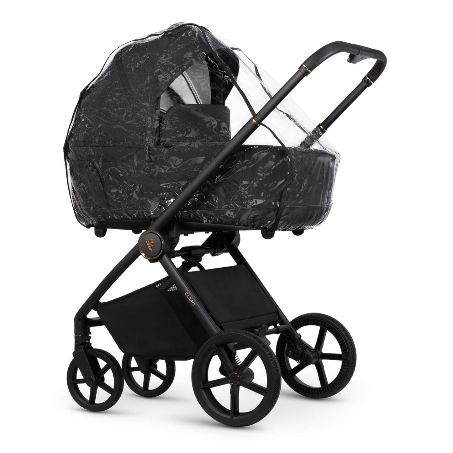 Venicci Claro Pram in Noir black colour with the included clear rain cover attached