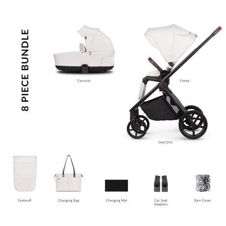 8-piece bundle of Venicci Claro 2-in-1 Pram in Vanilla white colour