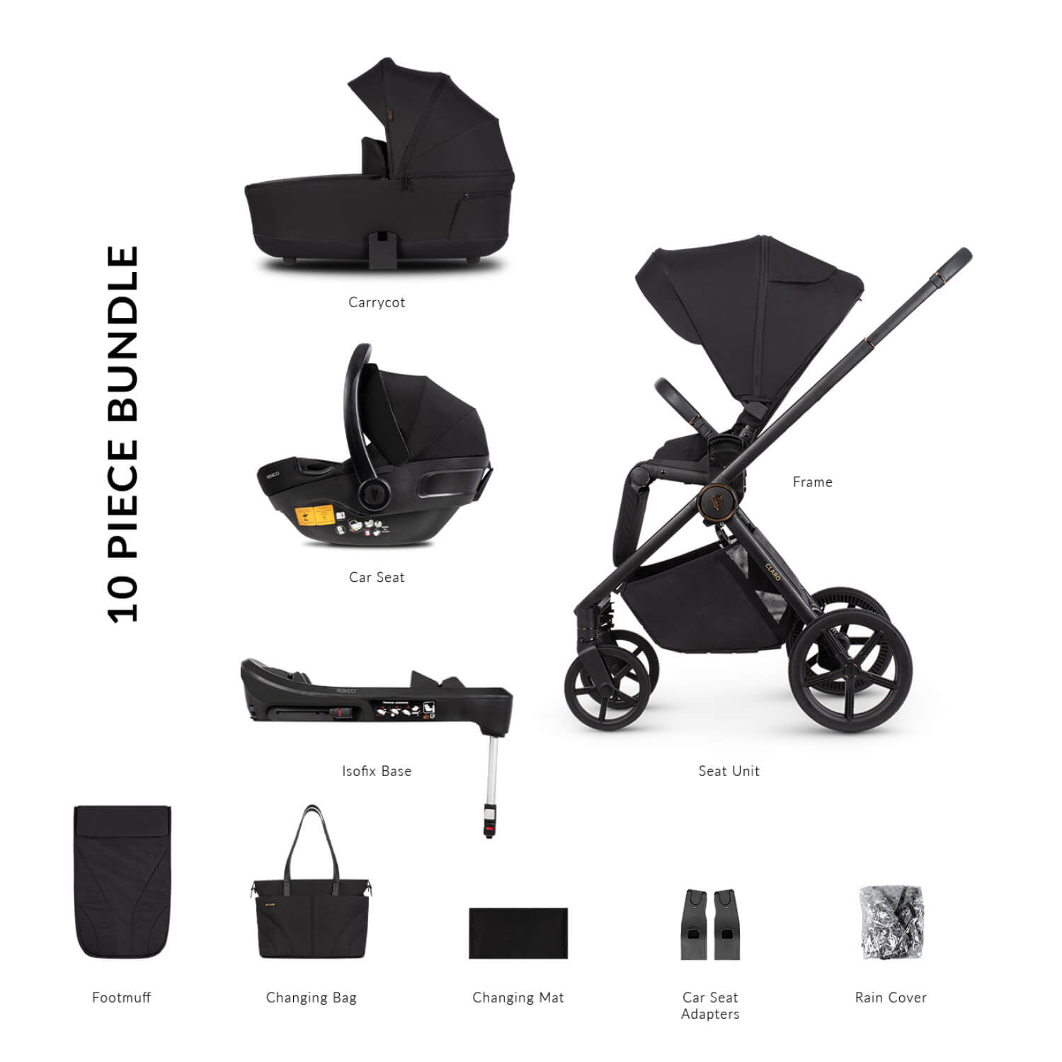 10-piece bundle in Venicci Claro 3-in-1 Complete Travel System with ISOFIX base